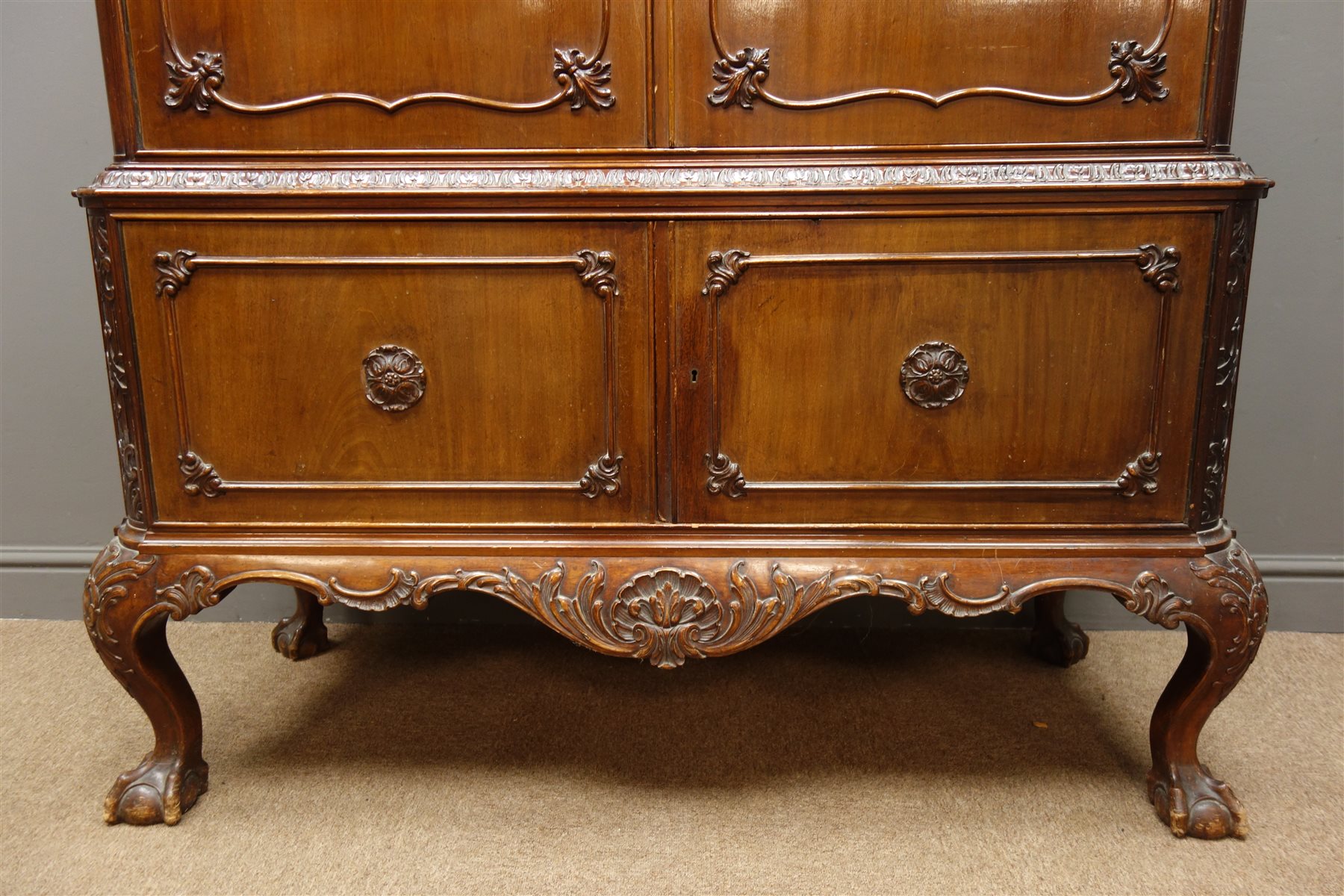 Early 20th Century Mahogany Chippendale Style Cabinet, Carved Swan Neck 