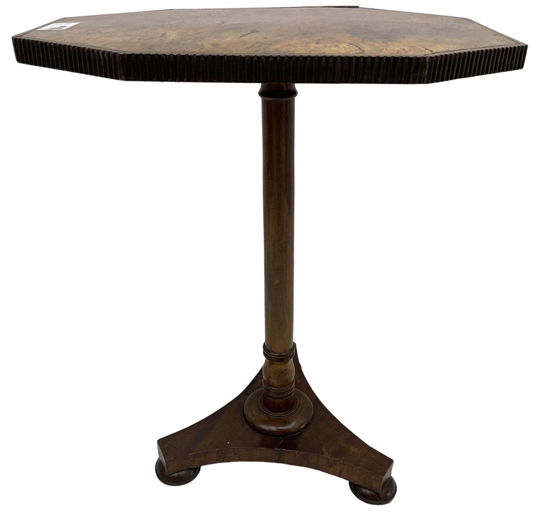 Simkin of London - 19th century figured walnut and mahogany occasional table, canted rectangular top with reed moulded edge, ring turned pedestal on triform platform base with compressed bun feet