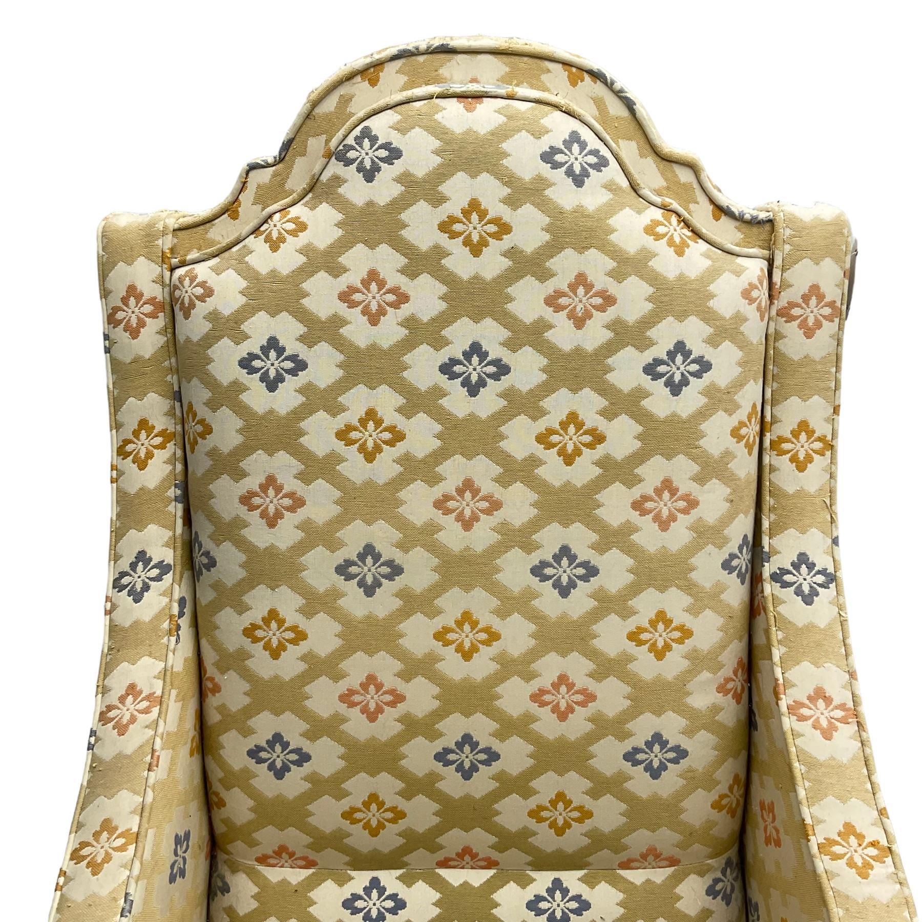 Spanish high back throne armchair, arched cresting rail over scooped arms, upholstered in gold and ivory patterned fabric, on a pitch pine base with spade feet