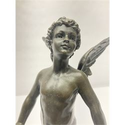 After Moreau, bronzed figure modeled as an angel holding a bow, with foundry mark upon socle base, H30cm