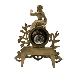 French - late 19th century 8-day mantle clock, in a spelter case with a solitary maiden seated above the drum movement, with an enamel dial, Roman numerals, minute markers and spade hands, twin train countwheel striking movement striking the hours and half hours on a bell. With pendulum and key. 