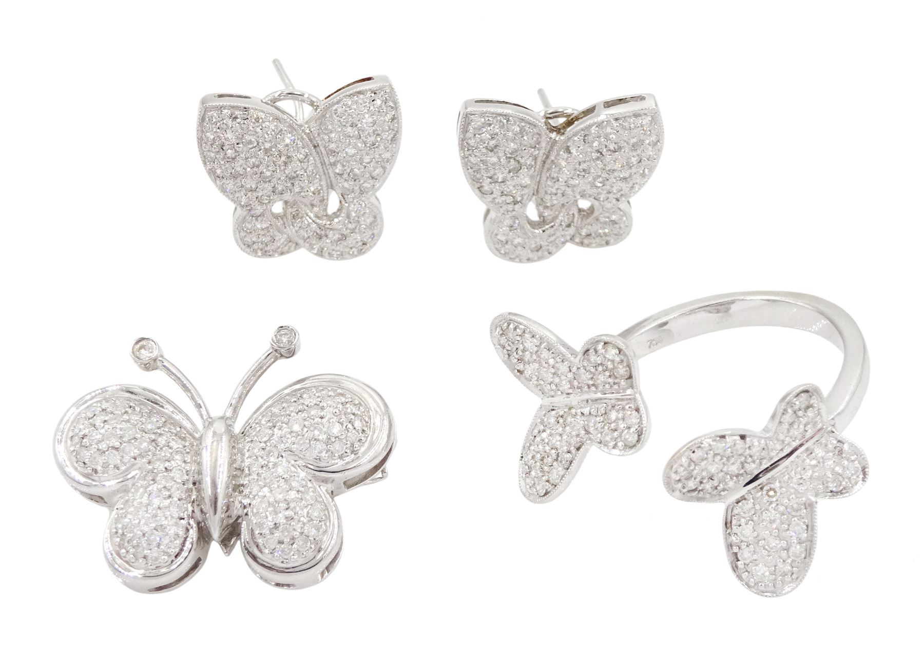 18ct white gold pave set diamond butterfly suite including ring, pair of stud earrings and pendant / brooch, all stamped 750