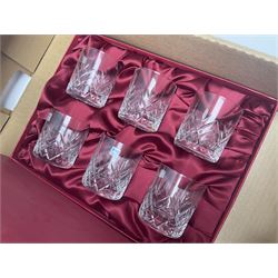 Set of six Royal Scot whisky tumblers, together with cased set of Thomas Wedd glasses, decanters and other glassware, in three boxes 