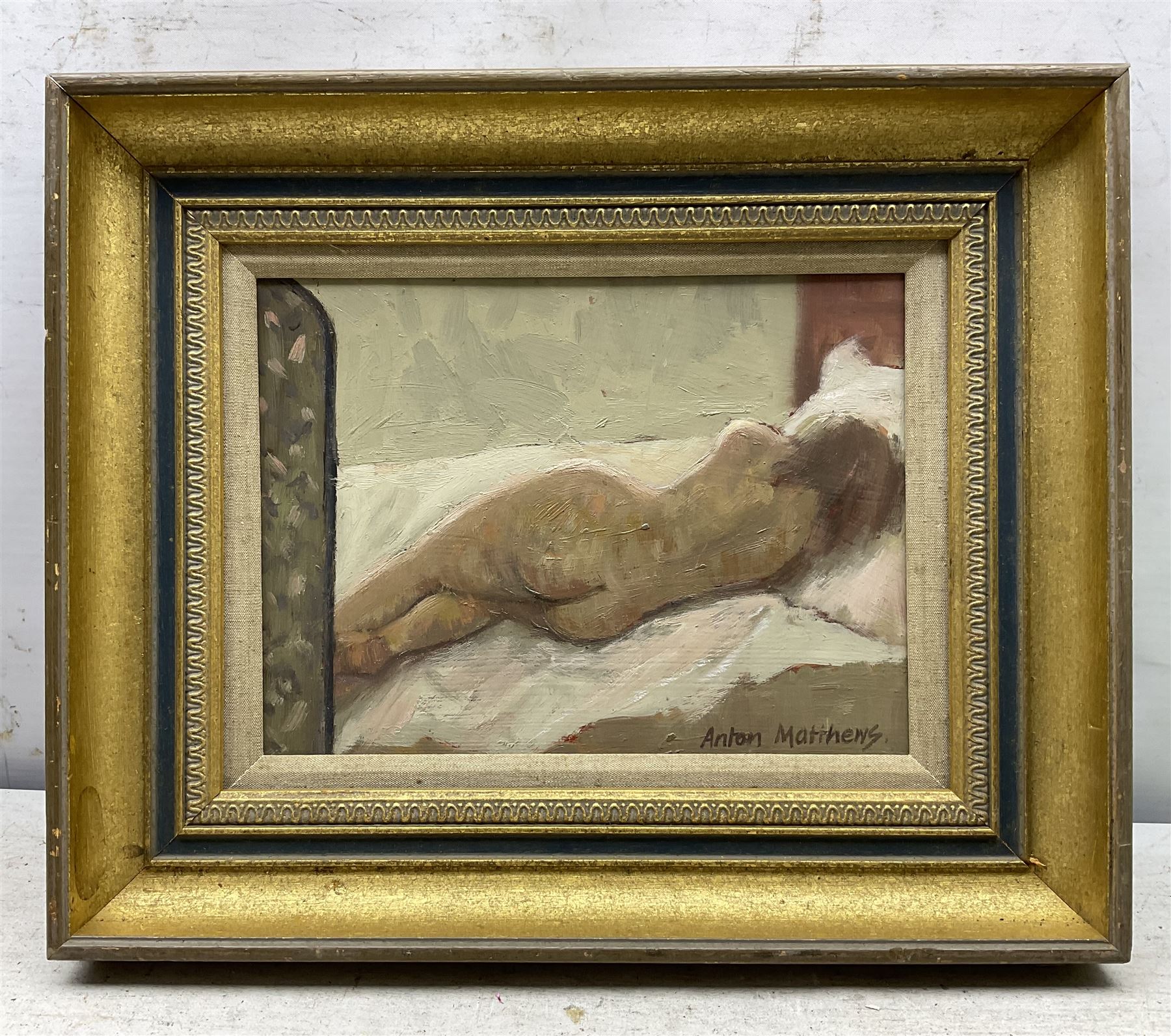 Anton Matthews RCA (British 1925-2008): 'Sleeping Nude', oil on board signed, titled verso 18cm x 25cm