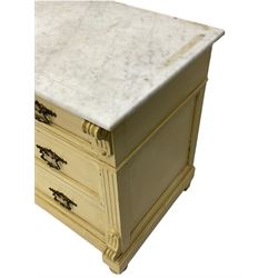 Mid to late 20th century French style chest with marble top, cream and waxed finish, fitted with two short and two long drawers