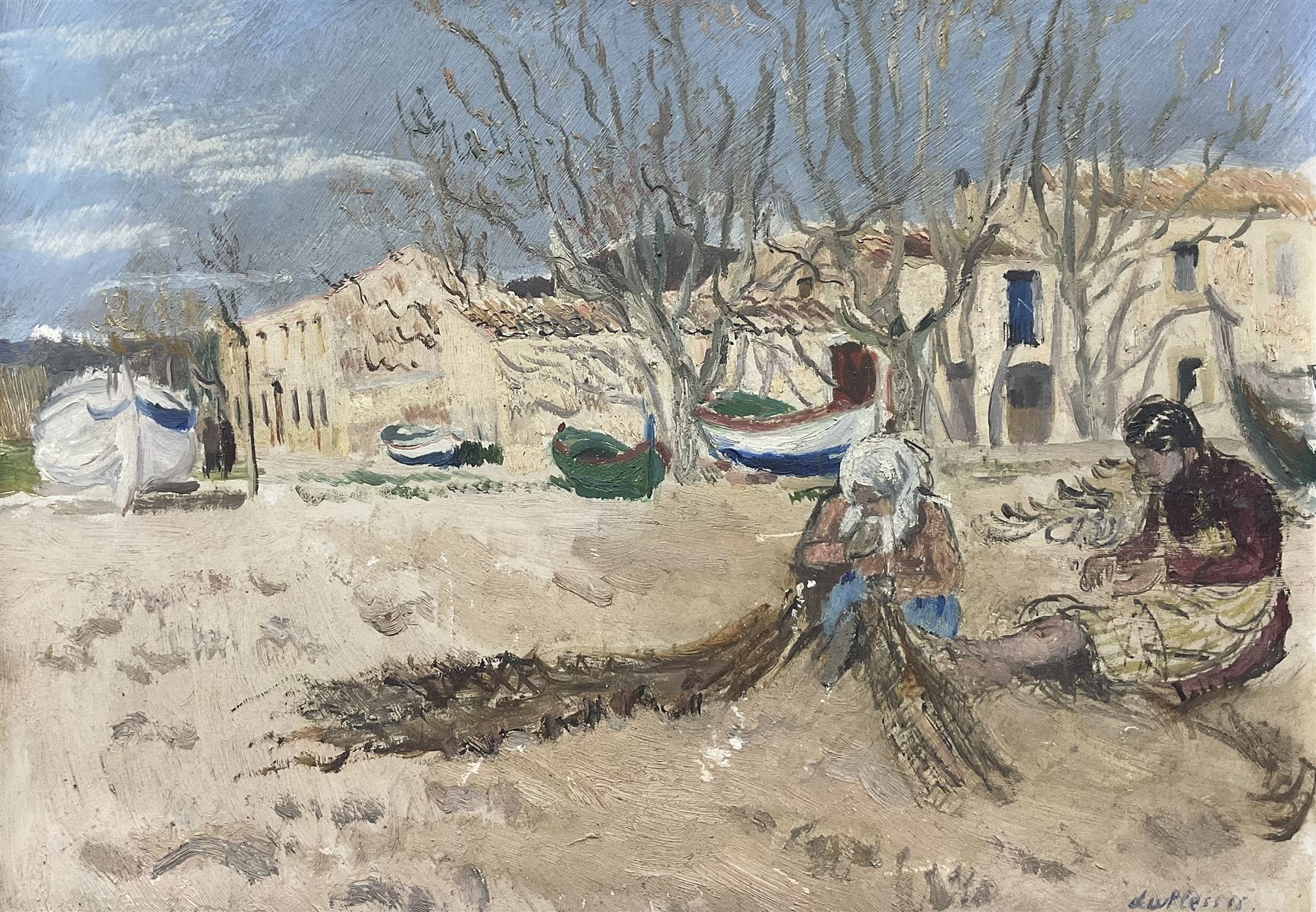 Enslin Hercules DuPlessis (South African 1894-1978): 'Mending Nets', oil on board signed, inscribed verso 29cm x 39cm