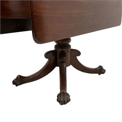 Victorian mahogany Pembroke supper table, fitted with single drawer, drop-leaf top on turned pedestal, four splayed supports with large carved paw feet on castors