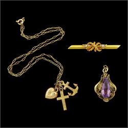 Victorian 9ct gold Hope, Faith and Charity pendant, Birmingham 1896, on gilt chain necklac...