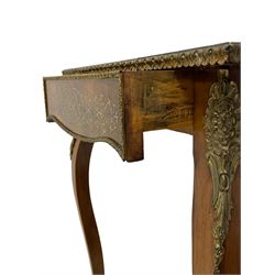 In the manner of Émile Gallé - late 19th to early 20th century inlaid walnut side table, rectangular top inlaid with Japonisme decoration depicting birds within trees, figured crossbanding and cast gilt foliate applied edge, single frieze drawer inlaid with scrolling brass work, on cabriole supports with ornate floral mounts