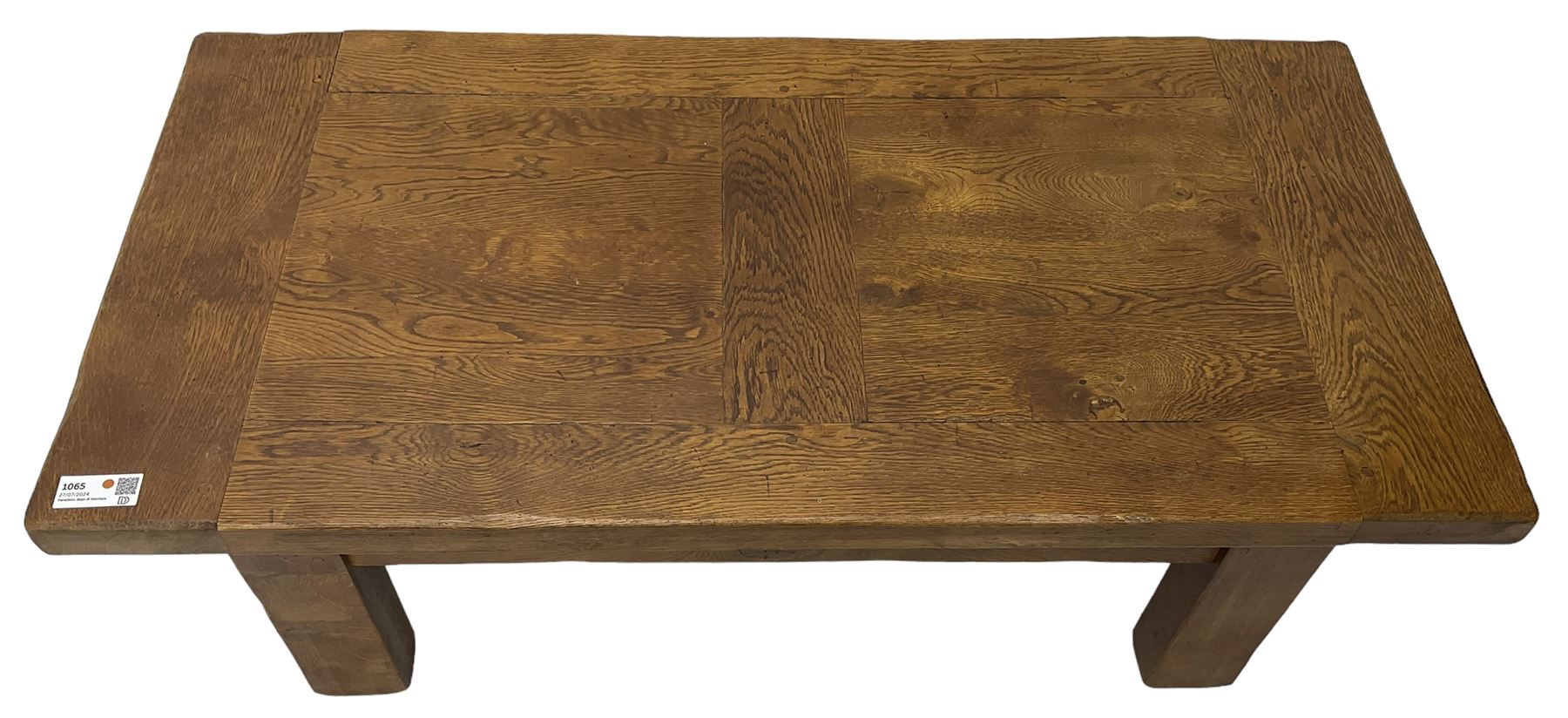 John Lewis - 'Bergerac' oak coffee table, rectangular plank top with single drawer to the longer side, on square supports 