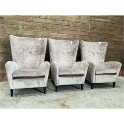 4 x Wing back armchair upholstered in silver crushed velvet fabric