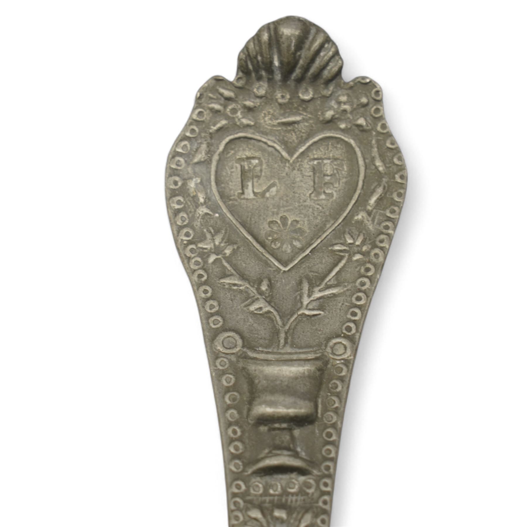 Four 19th century Dutch pewter trifid spoons by Hendrik Kamphof, the shell relief cast finial decorated with a vase of flowers surrounding a heart with the initials 'LF' to two and 'CD' to the two others, Crowned rose with the initials 'HK' struck on the back, L19cm, together with other Dutch pewter spoons and shallow bowl, the base inscribed 'DAM', D33.5cm 