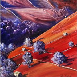 Moira Metcalfe (British Contemporary): Rural Landscape in Red and Purple, oil on canvas signed 40cm x 40cm 