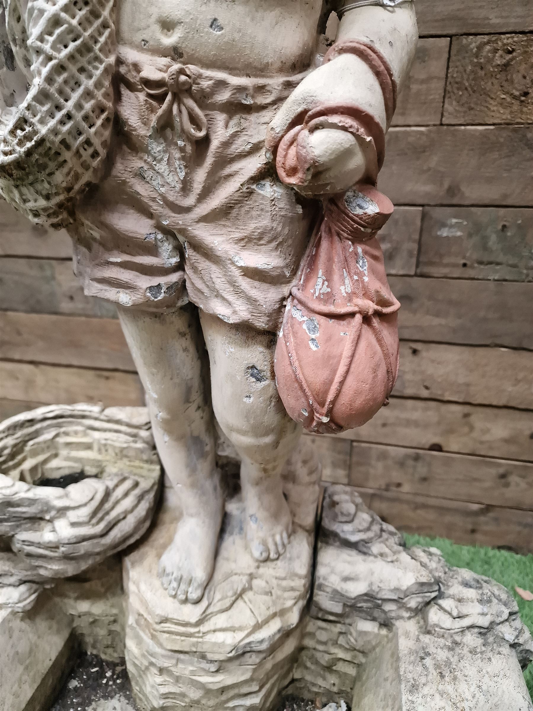 Three section cast stone garden figure of a boy carrying fishing net and a satchel with a water feature together with a cast stone planter on plinth - THIS LOT IS TO BE COLLECTED BY APPOINTMENT FROM DUGGLEBY STORAGE, GREAT HILL, EASTFIELD, SCARBOROUGH, YO11 3TX