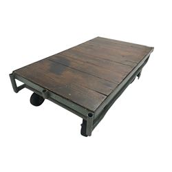 20th century wrought metal and pine railway luggage trolley or coffee table, on castors, by repute from York Station 