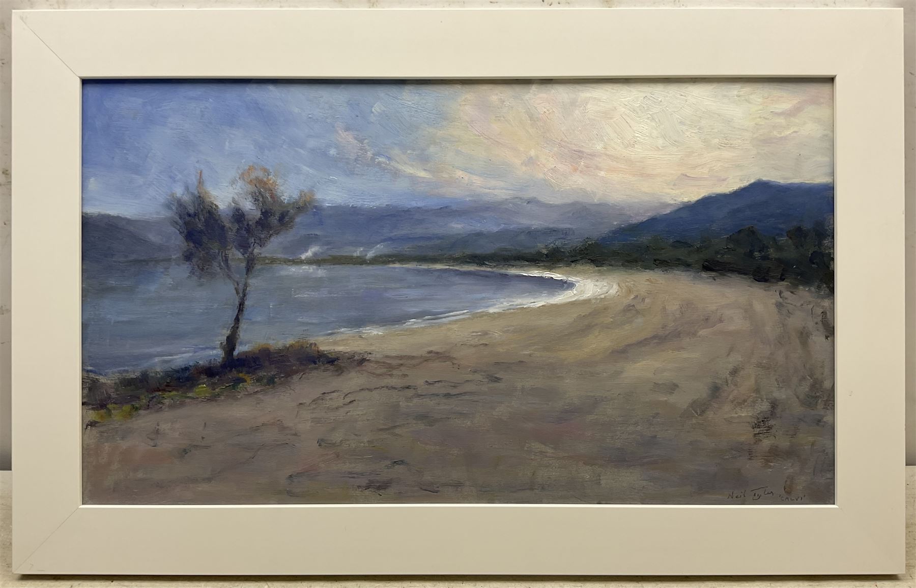 Neil Tyler (British 1945-): 'Dusk - Calvi Corsica’, oil on canvas signed and titled, further titled verso 34cm x 60cm