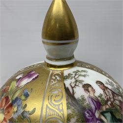 Pair of late 19th century Helena Wolfsohn vases and covers, each of baluster form with domed cover, painted with alternating panels of romantic scenes and floral sprays upon gilt ground, with Augustus Rex mark to base, H27cm