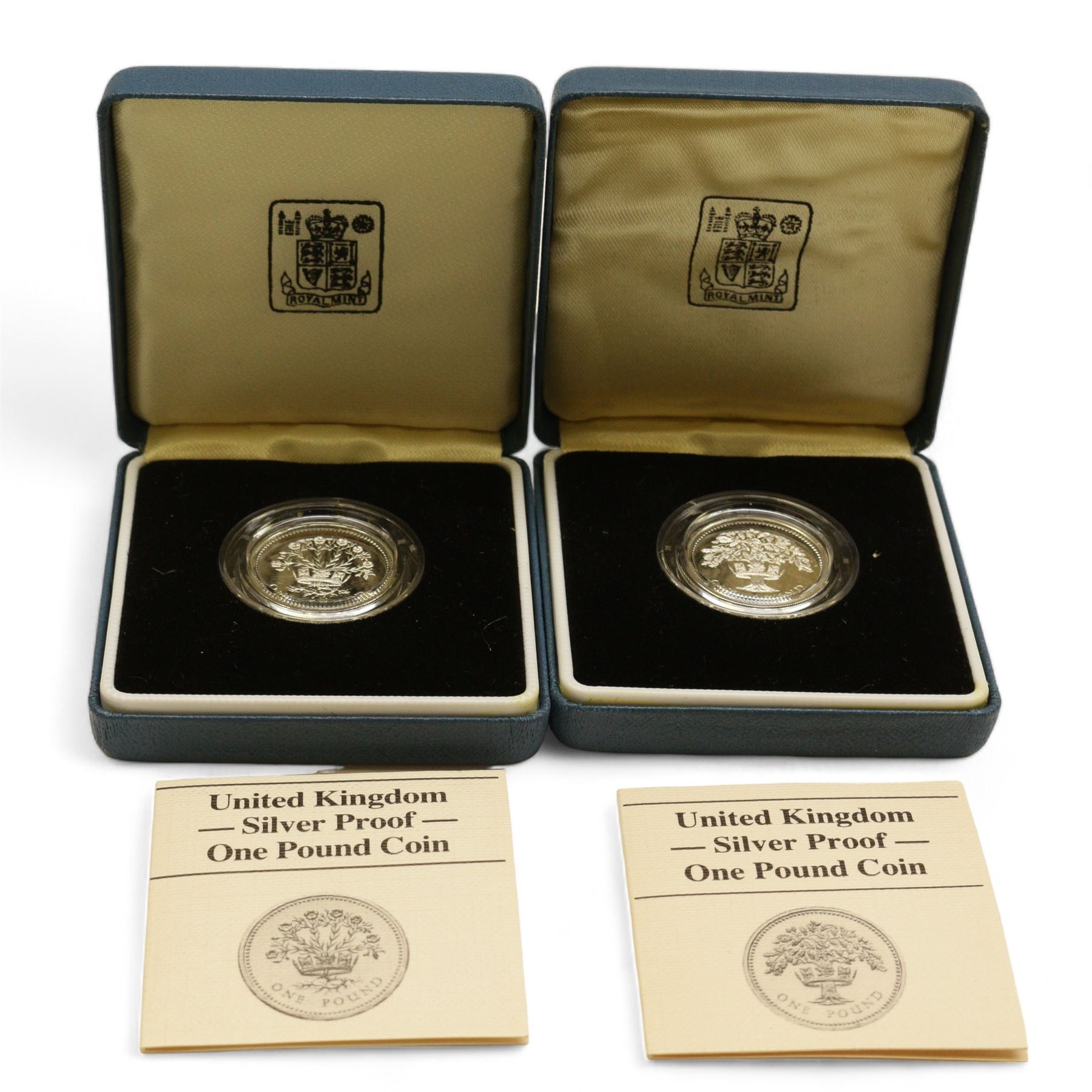 Eight The Royal Mint United Kingdom silver proof coins, comprising 1980 '80th Birthday' crown, 1981 'His Royal Highness The Prince Of Wales And Lady Diana Spencer' crown, 1984, 1985, 1986 and 1987 one pounds, all cased with certificates and a 1977 crown cased no certificate (8)