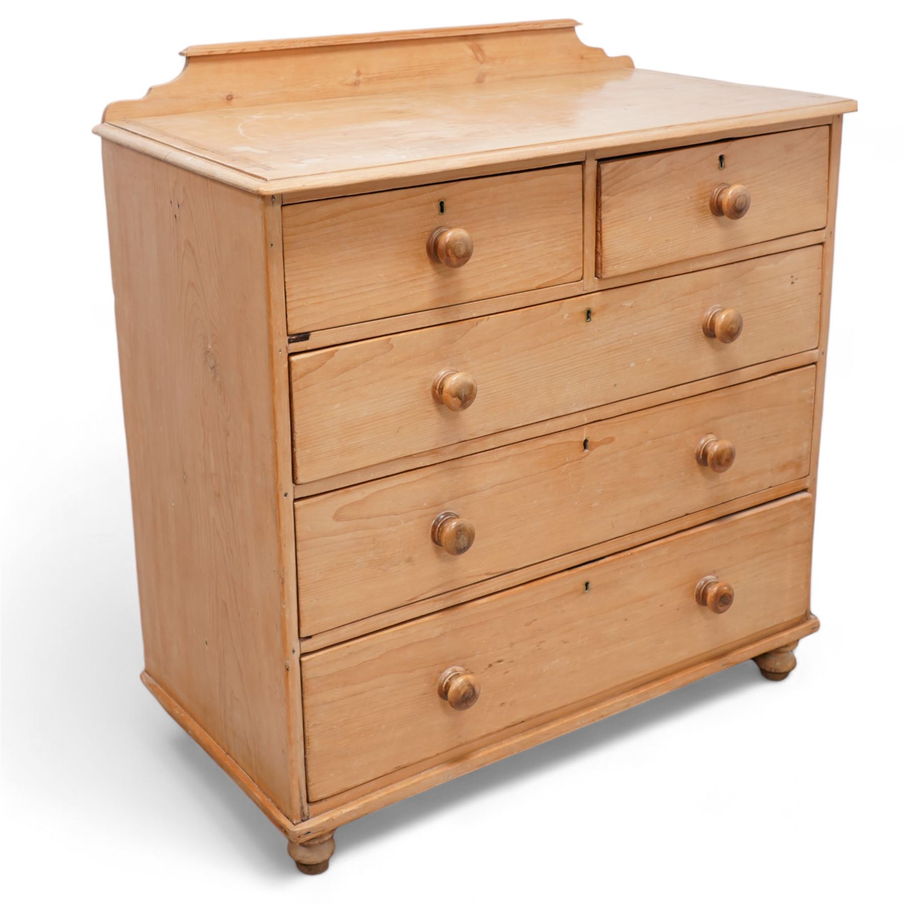 Victorian pine chest, raised back over rectangular top, fitted with two short over three drawers, on turned feet