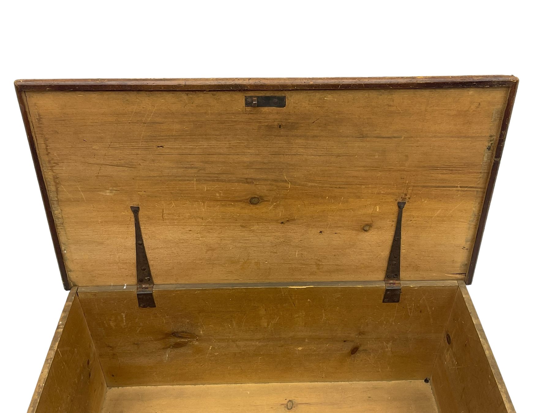 19th century pine blanket box, hinged lid, applied lower moulding