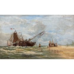 Edward William Cooke ARA (British 1811-1880): Bringing in the Day's Catch - 'Scheveningen' Den Hague, oil on canvas signed and dated 1857, inscribed verso 25cm x 40cm