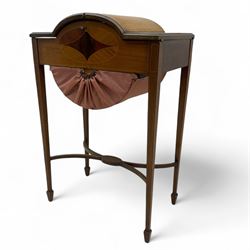 Edwardian mahogany work table sewing box, shaped top with inlaid decoration, lifting to re...