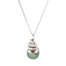 18ct white gold Tahitian pearl and round brilliant cut diamond pendant necklace, hallmarked