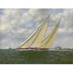 George Drury (British 1950-): 'Rainbow Heading Towards Victory - America's Cup 1934', oil on canvas board signed, titled verso 39cm x 49cm 