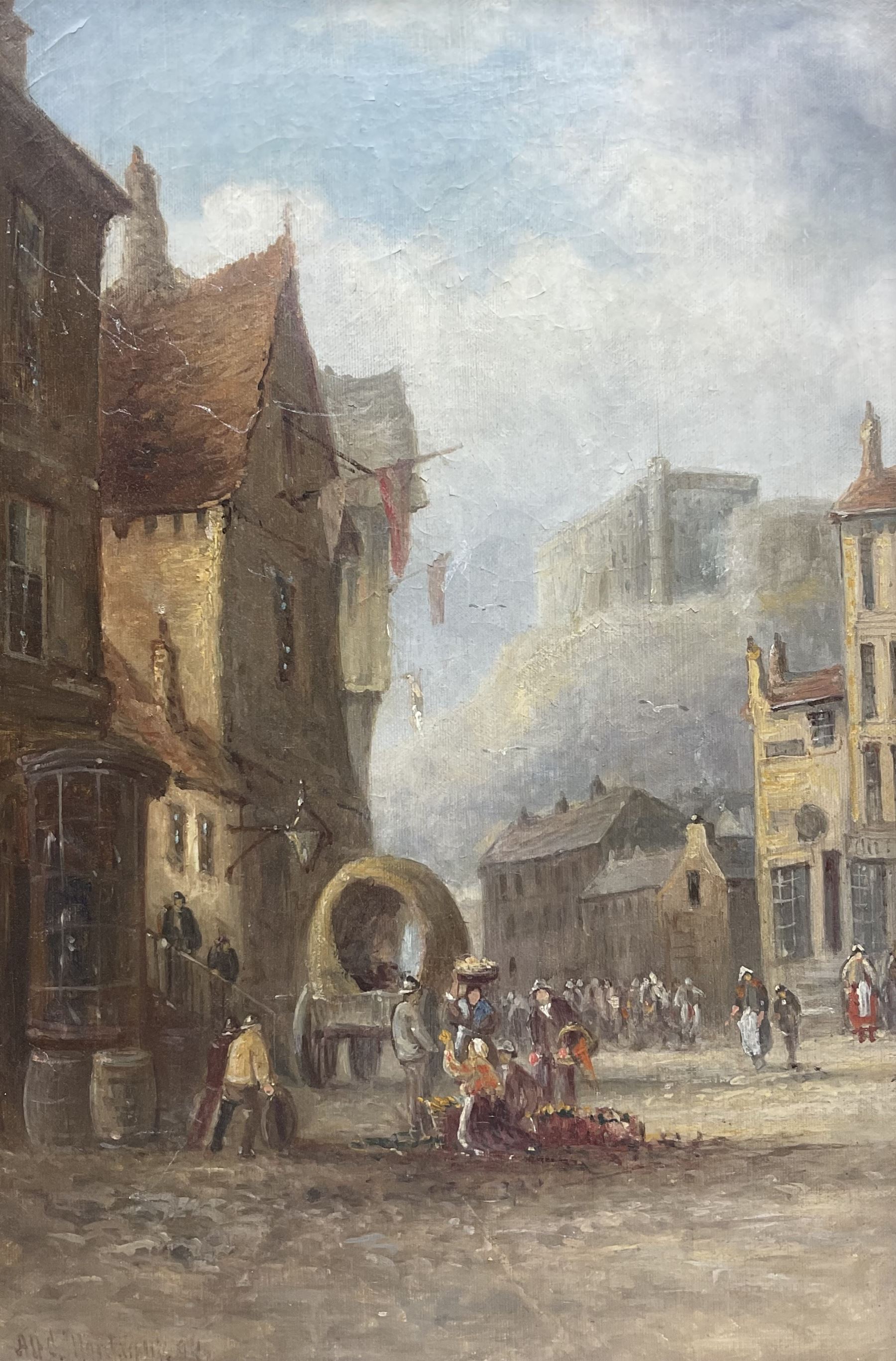 Alfred Montague (British 1832-1883): Continental Street Scene with Flower Sellers, oil on canvas signed and indistinctly dated 44cm x 29cm