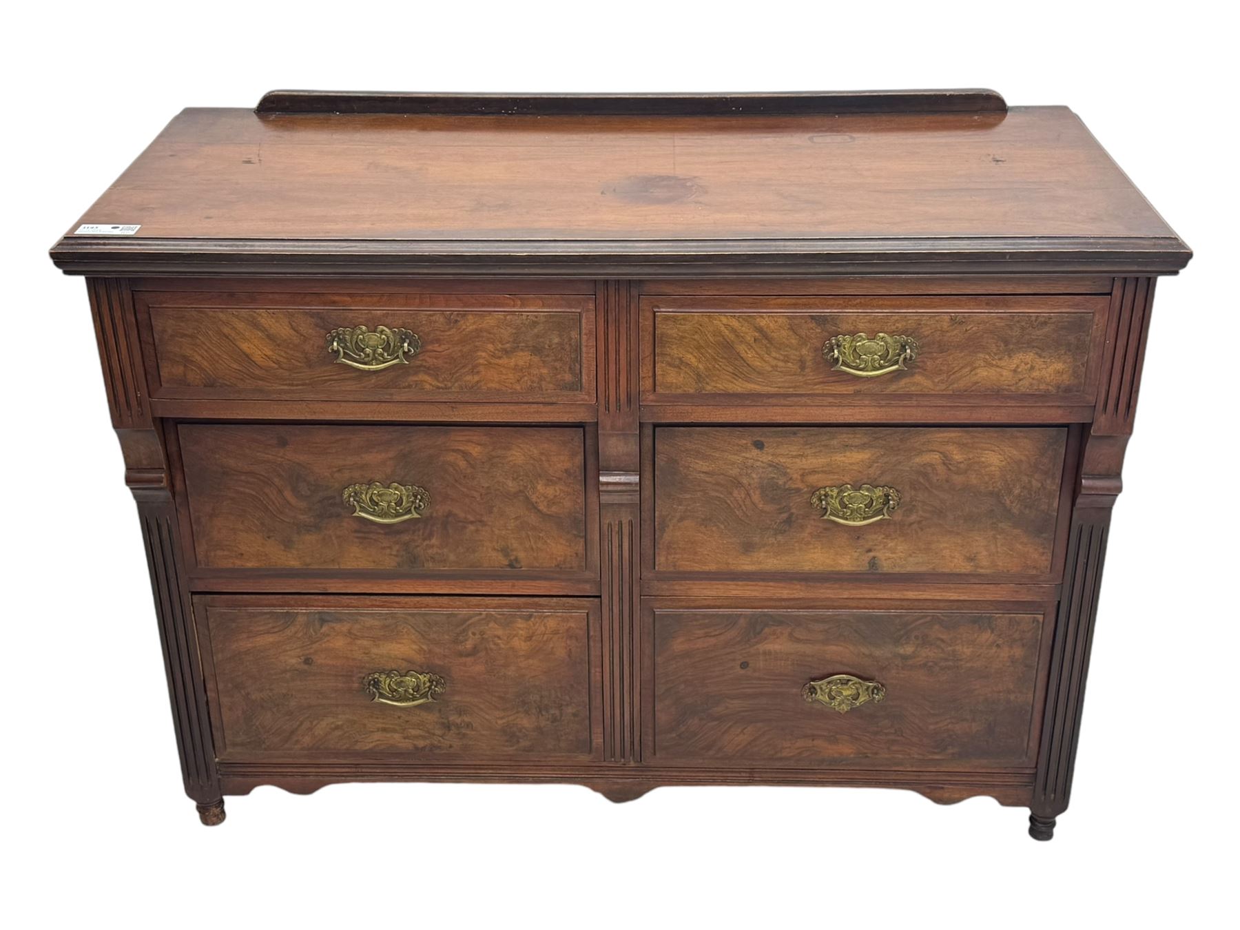 Late Victorian walnut chest, moulded rectangular top over six drawers, fluted uprights 