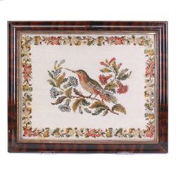 Victorian woolwork, depicting a kingfisher perched upon a flowering branch, with conforming flowering vine border, in painted rosewood effect frame, woolwork 40cm x 51cm