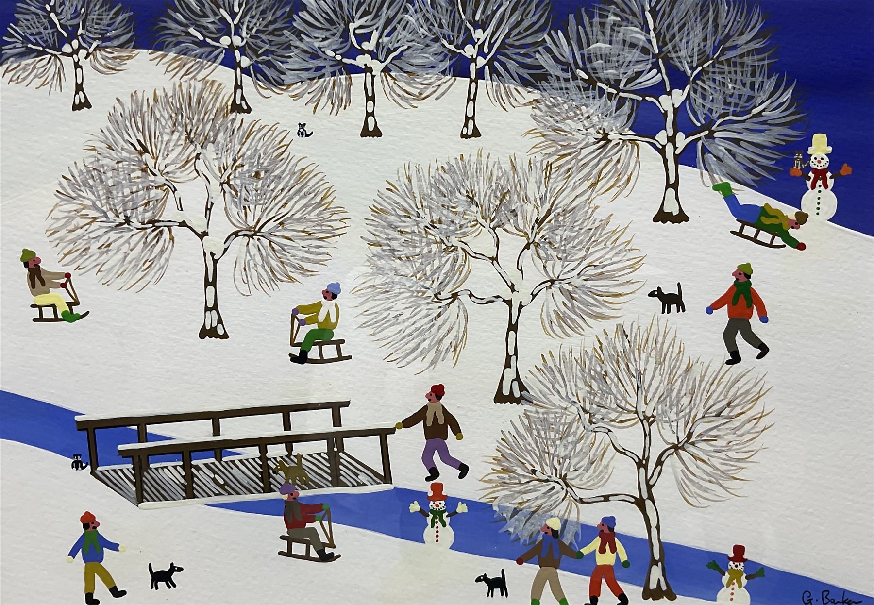 Gordon Barker (British 1960-): Sledging by the River, acrylic on paper signed 24cm x 34cm