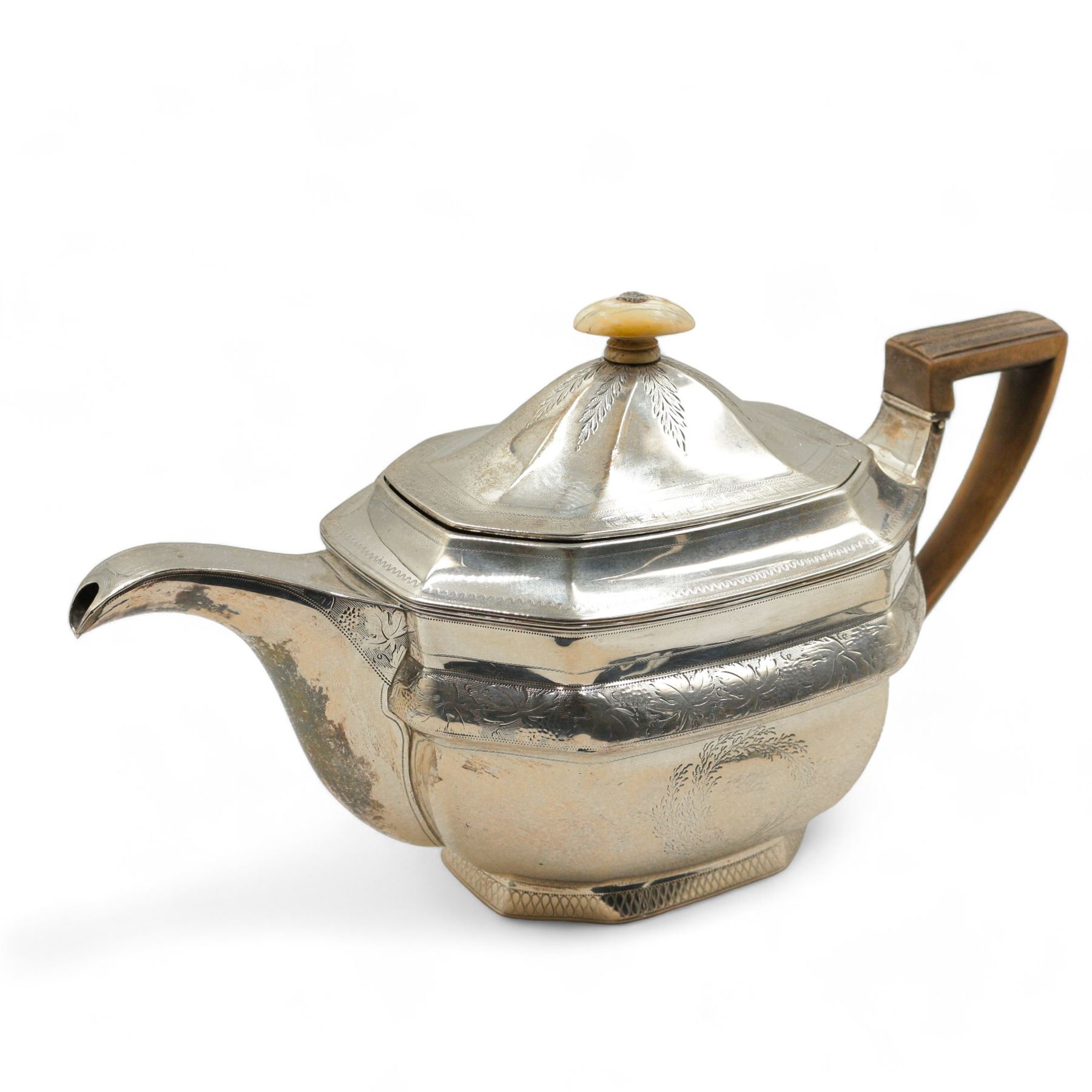 George III silver rectangular teapot engraved with a band of flowers and monogram with ivory lift and stained wood handle Newcastle 1805 Maker Ann Robertson