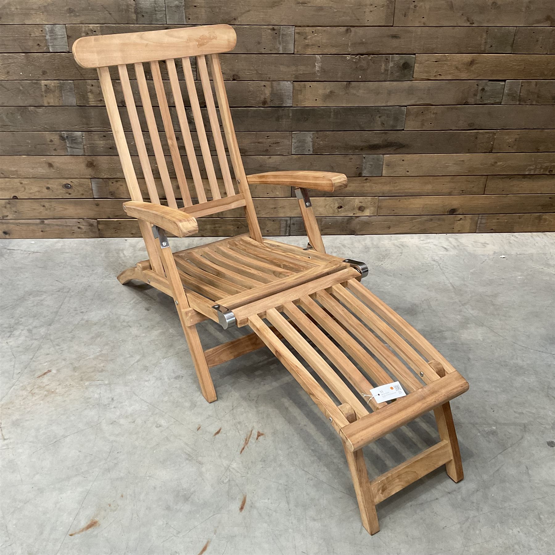 Pair of solid teak adjustable garden steamer armchairs, stainless brackets, with cushions