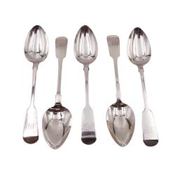 Set of five Victorian Newcastle silver Fiddle pattern teaspoons, each with engraved monogram to finial, hallmarked Thomas Sewell I, Newcastle 1854