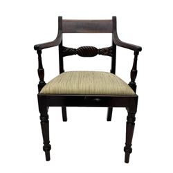 Georgian design set of six (6+2) mahogany dining chairs, the bar cresting rail inlaid with figured mahogany panel, shaped twist lobe carved middle rail with extending stylised leaf decoration, upholstered drop-in seat, on turned front supports 