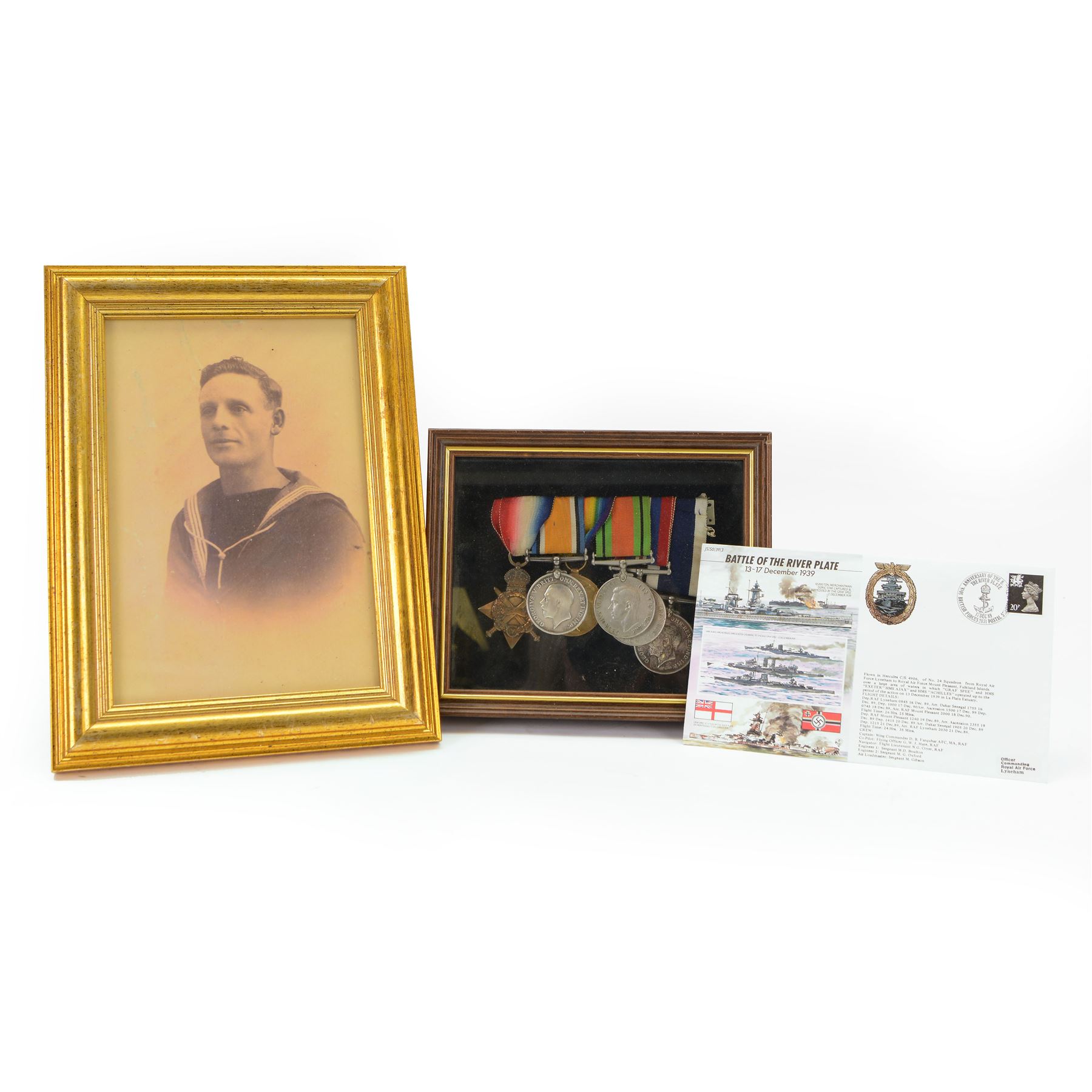 WWI and WWII group of six medals, including 1914-15 star medal, War medal, Defence medal, George V Long Service and Good Conduct medal etc on wearing bar, awarded to J.41046 G. Deadman ORD Royal Navy, together with framed photograph of George Deadman 