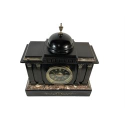 J.W. Benson of London -  8-day Belgium slate mantle clock c1880, stepped top with a central dome and brass finial, break front case with reeded columns and capitals, on a broad plinth with variegated marble and incised gilt decoration, conforming slate dial with contrasting gilt Roman numerals and brass hands, twin train striking movement, striking the hours and half-hours on a bell. With pendulum.