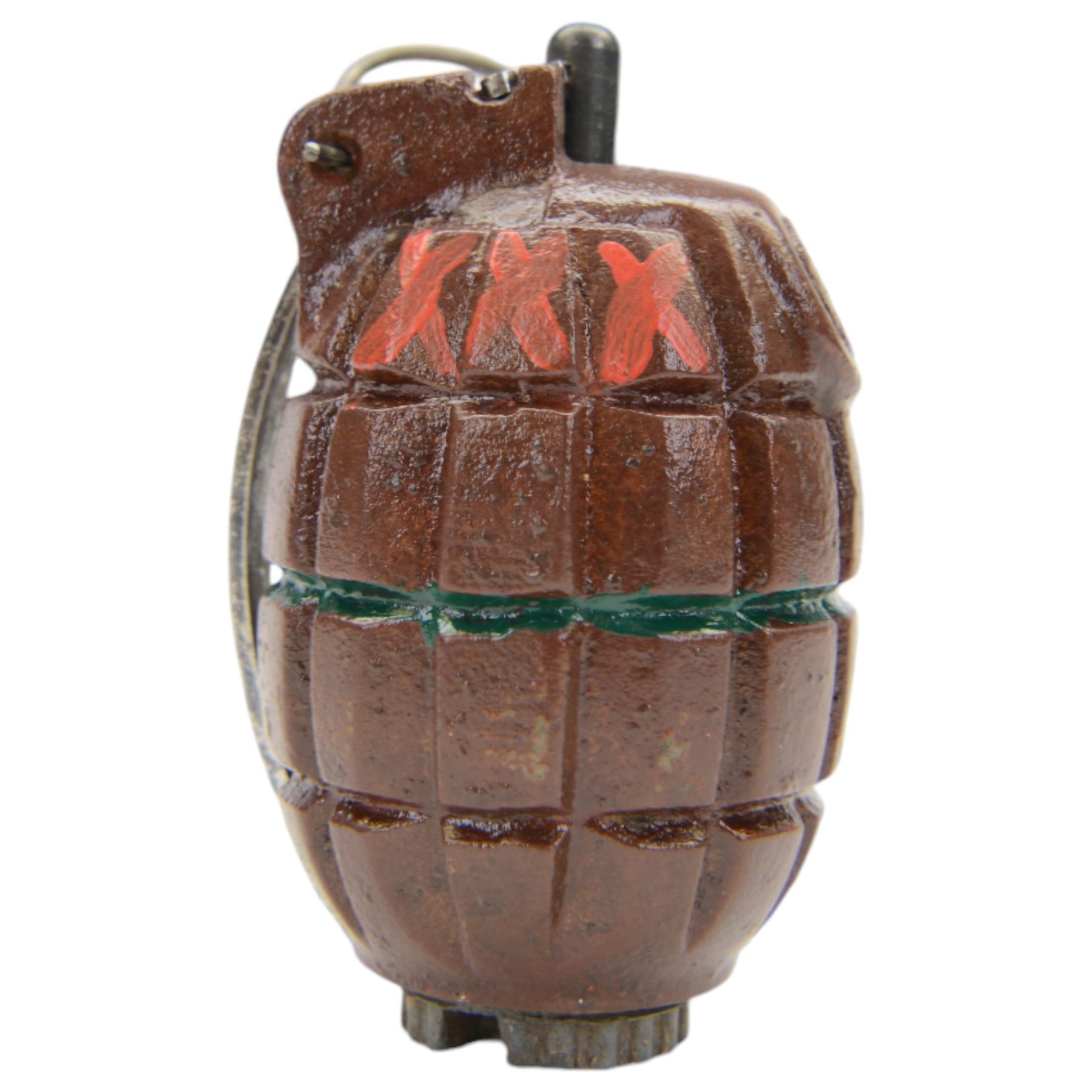 Inert WWII No 36 M Mk 1 Mills hand grenade, cut away with a dummy/replica fuse fitted, marked 'No 36 M Mk1 H LD 1/4.2, H11cm