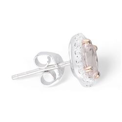 Pair of 18ct white and rose gold, oval cut morganite and round brilliant cut diamond halo cluster stud earrings, hallmarked, total morganite weight approx 1.40 carat, total diamond weight approx 0.40 carat