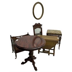 Late 20th century mahogany tripod table, circular moulded top on acanthus carved baluster pedestal, on three splayed supports (D60cm, H59cm); Georgian design mahogany Canterbury; late Victorian piano stool on turned supports; small oak drop-leaf occasional table; late Victorian narrow wall hanging mirror; oval gilt framed mirror (6) 