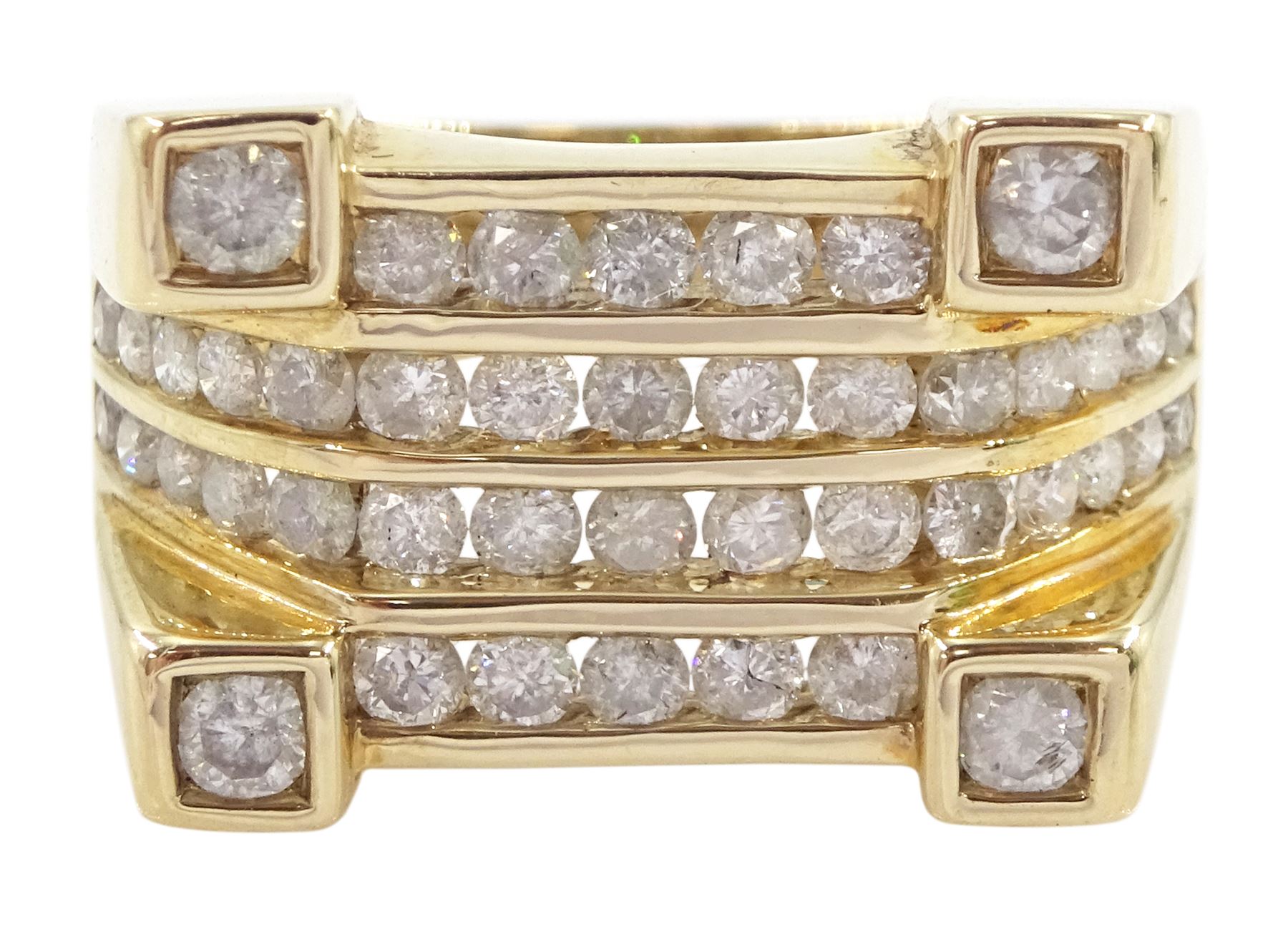 Gold channel set round brilliant cut diamond ring, with four diamonds set at each corner, hallmarked 9ct, total diamond weight 1.59 carat