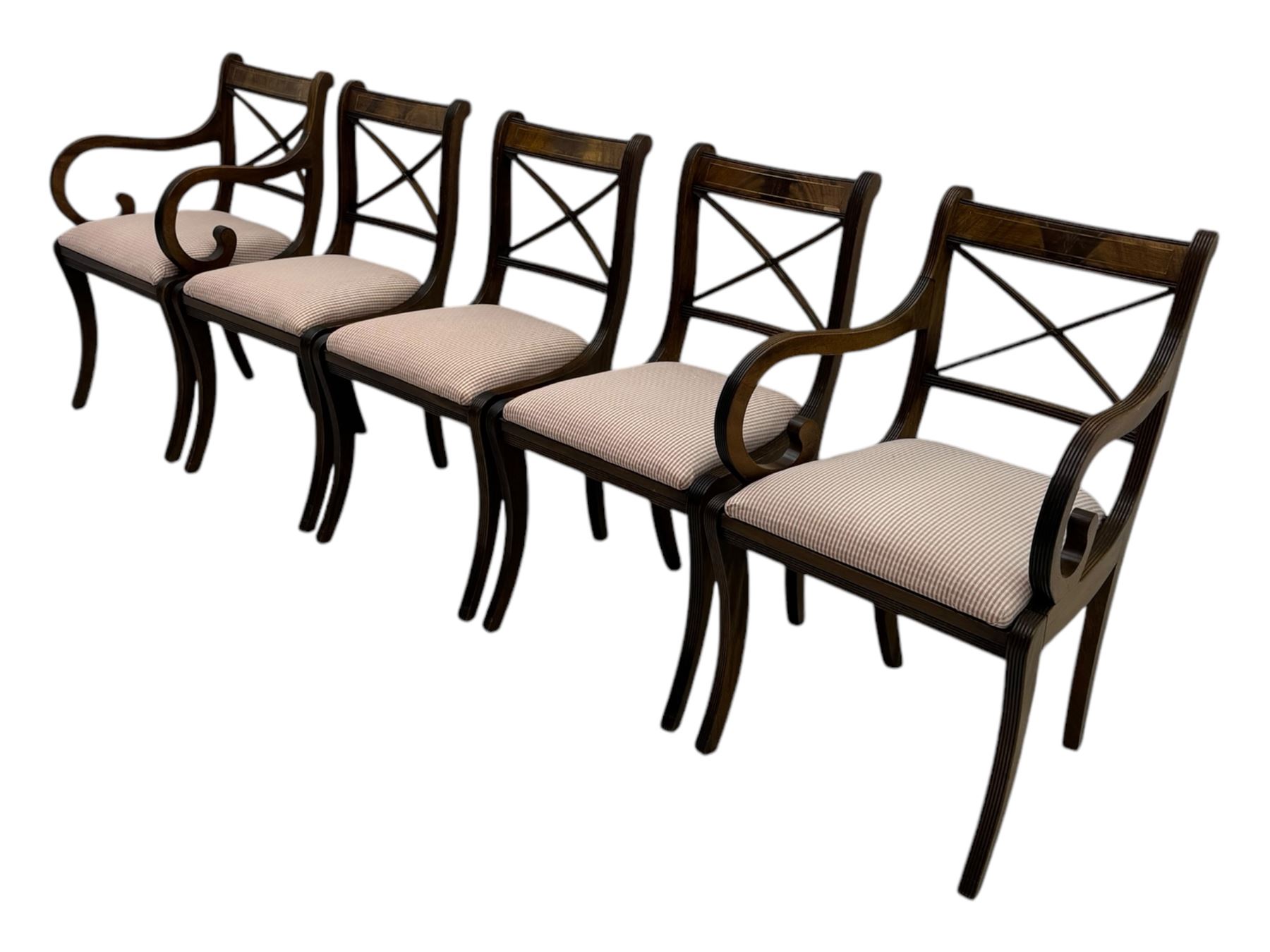 Set of ten (8+2) Regency design mahogany and brass inlaid dining chairs, bar cresting rail over x-framed back, upholstered drop-in seats, moulded frame and sabre supports 