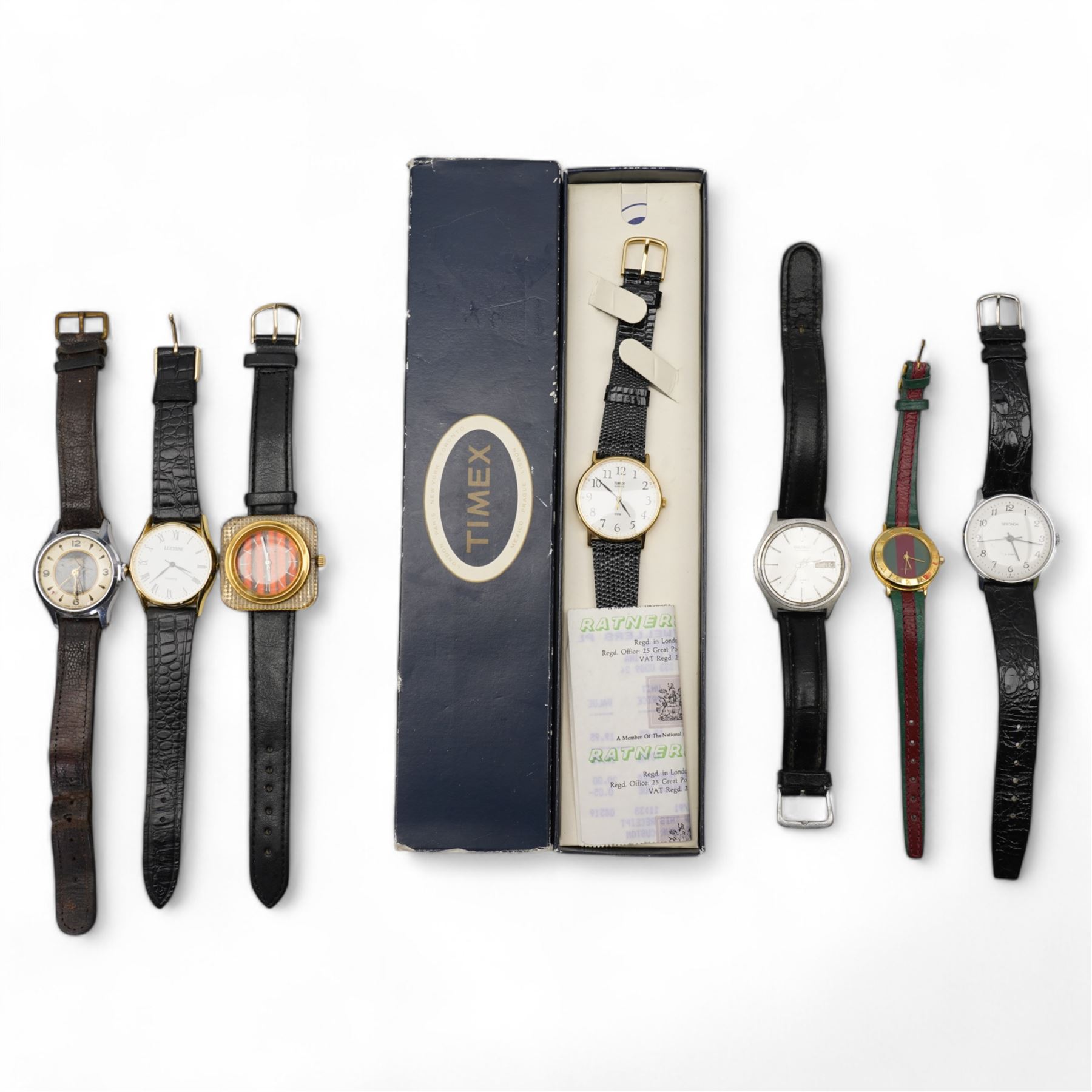 Seiko automatic stainless steel wristwatch, with day / date aperture and six other wristwatches including Smiths Empire, Sekonda, Jowissa and Timex