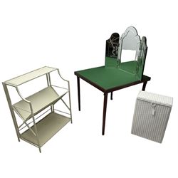 White finish wrought metal magazine shelving unit (W62cm, H80cm, D38cm); folding bridge table with baize lined top; white painted wicker linen bin; bevelled triple mirror back 