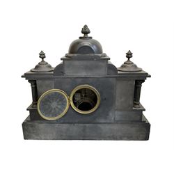 French - late 19th century Belgium slate 8-day mantle clock with conforming side temples, break front case with a central dome, recessed pilasters and a deep stepped plinth, glazed bezel with a brass dial, Arabic numerals and decorated centre, gong striking twin train movement with pendulum and key.