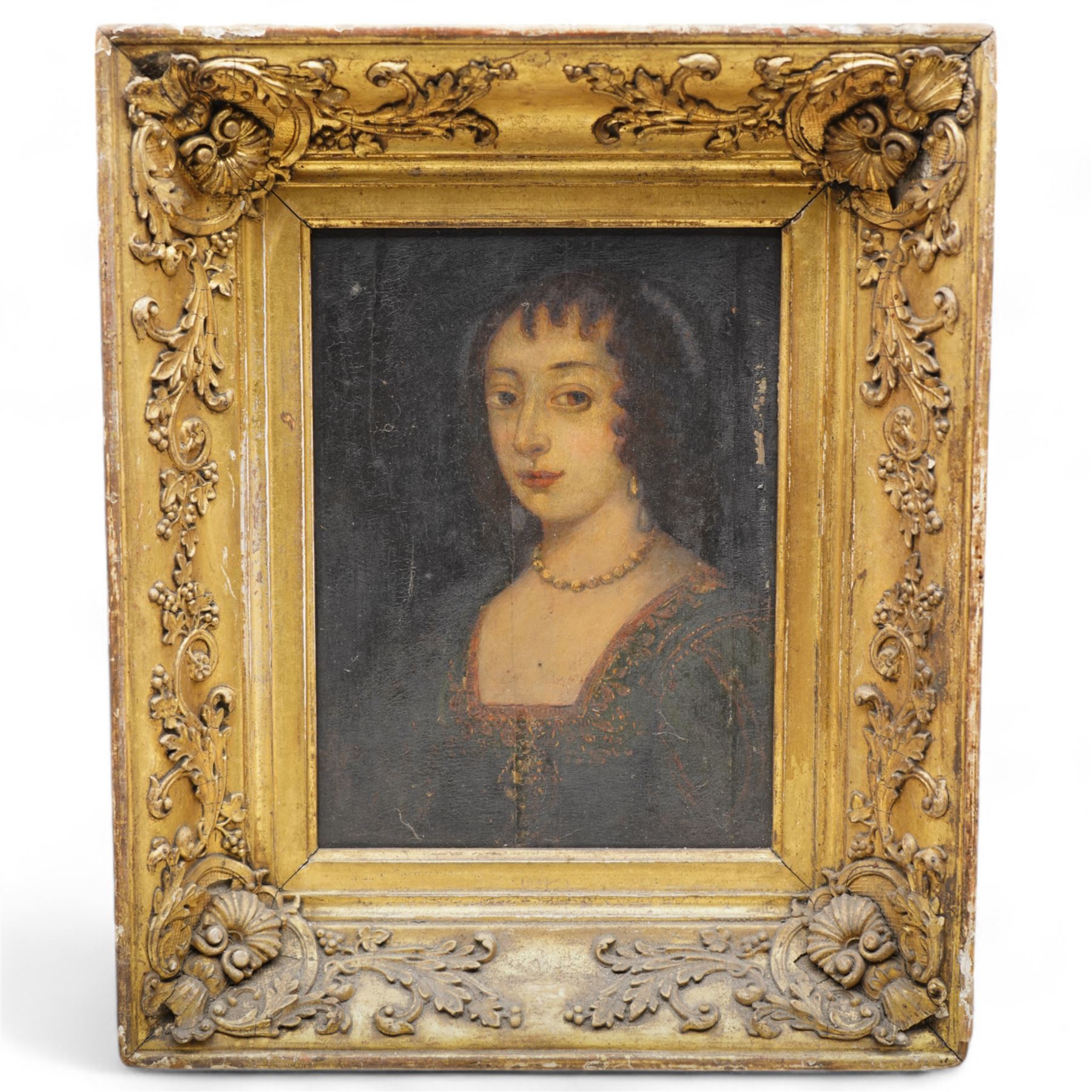 Circle of Sir Peter Lely (Dutch 1618-1680): Portrait of a French Lady with a Pearl Necklace, 17th century oil on panel unsigned, in ornate gilt frame 26cm x 20cm