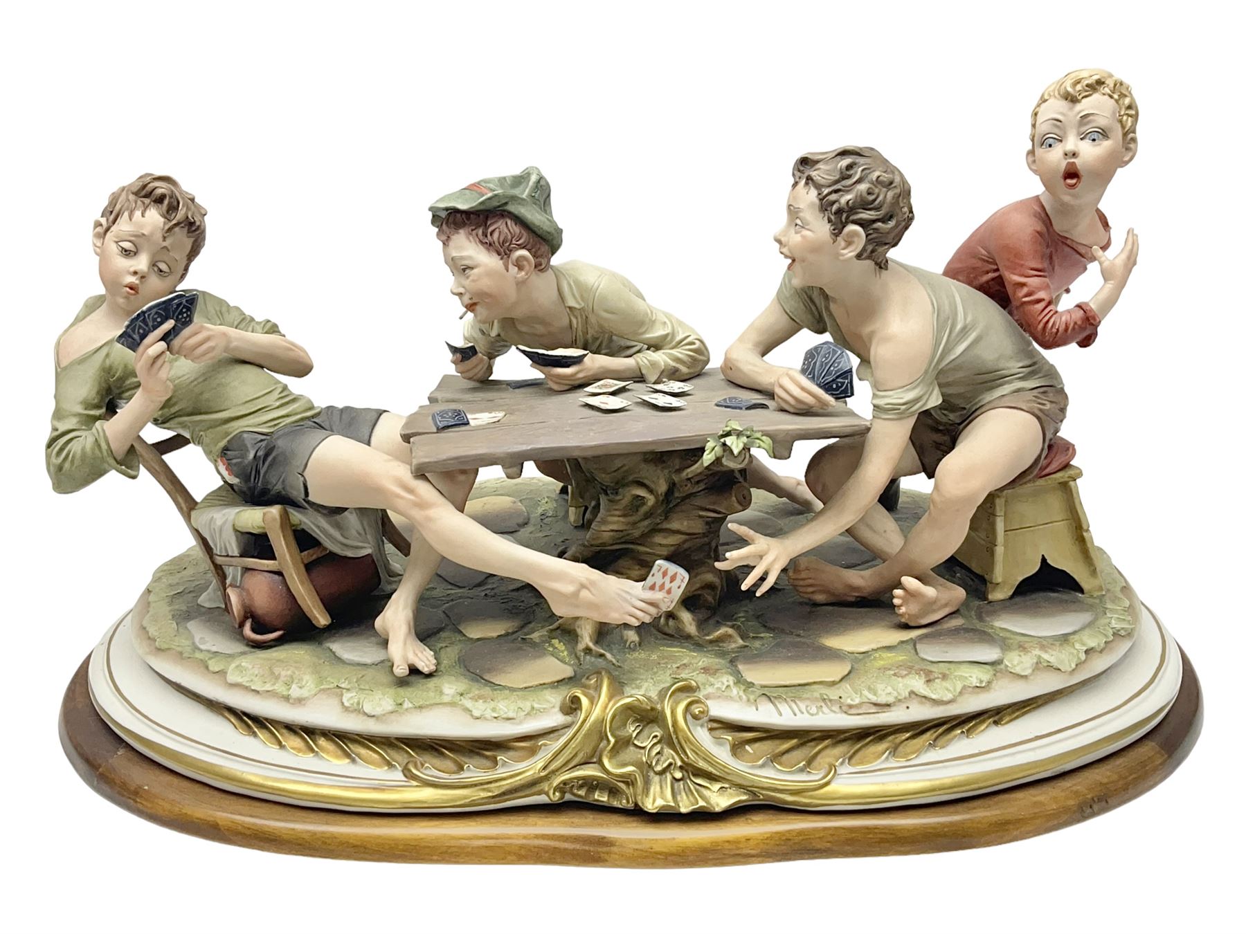 Capo Di Monte group The Cheats, modelled as boys playing cards, with certificate, H27cm 