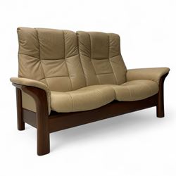 Ekornes Stressless - two-seat beech framed sofa, upholstered in beige-brown leather with s...