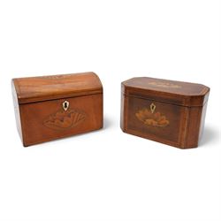 George III satinwood tea caddy with hinged domed cover, with boxwood bandings and checkered stringing, the cover and front inlaid with shell paterae and bone escutcheon, L18.5cm x H13.5cm, together with a George III mahogany tea caddy, of rectangular canted form with shell paterae inlay and later simulated ivory escutcheon, L18.5cm x H12cm (2)